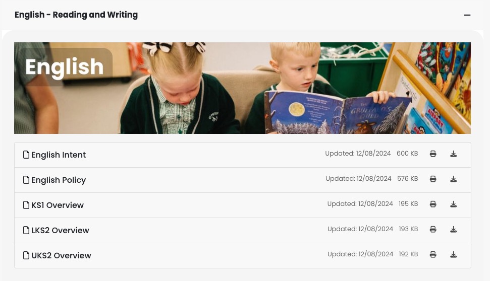 example curriculum page on school website